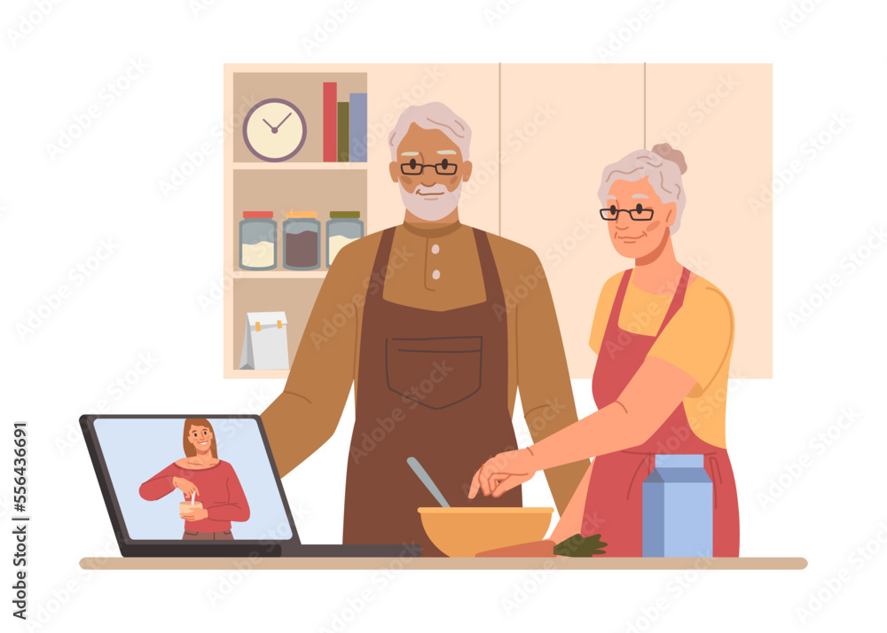 Senior people using modern technologies, grandmother and grandfather watching recipes on cooking cha