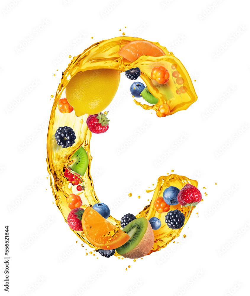 Latin letter C is made of juice splashes with various fruits and berries