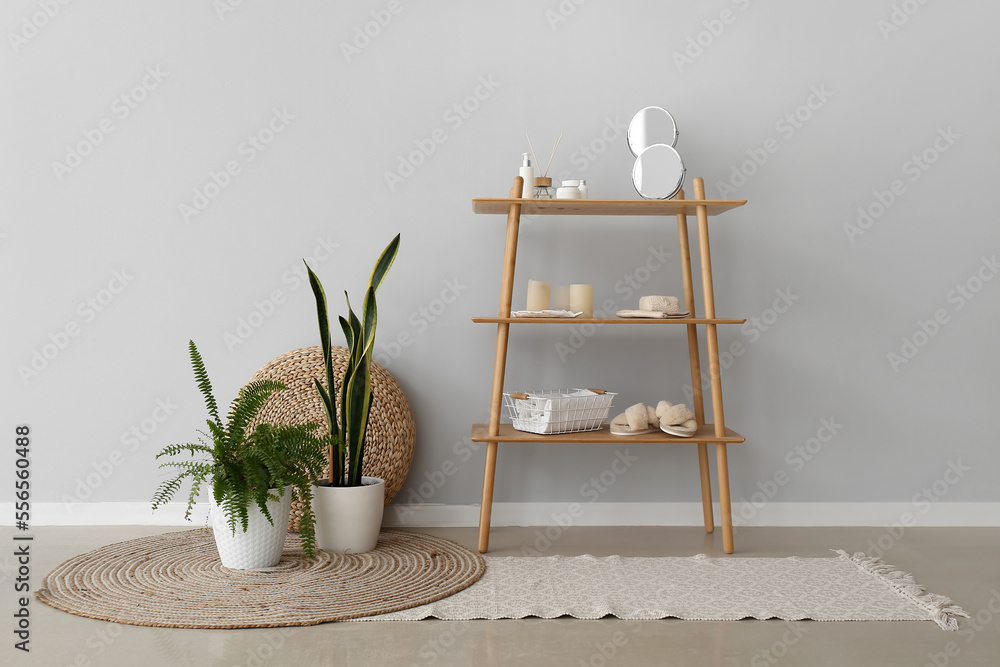 Interior of bathroom with houseplants and shelving unit