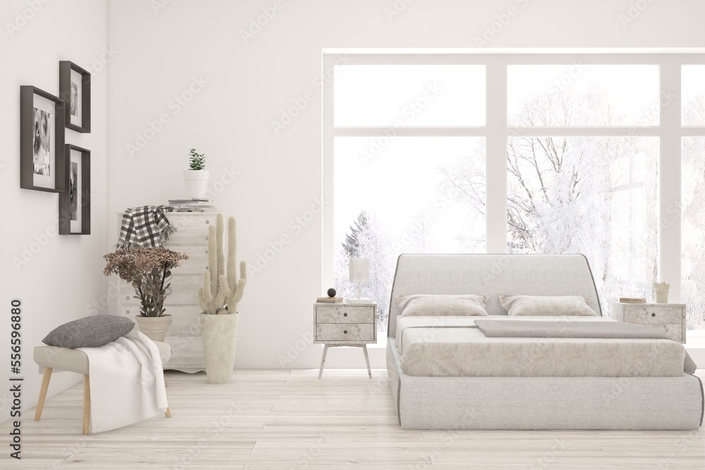 White bedroom interior. Scandinavian design. 3D illustration