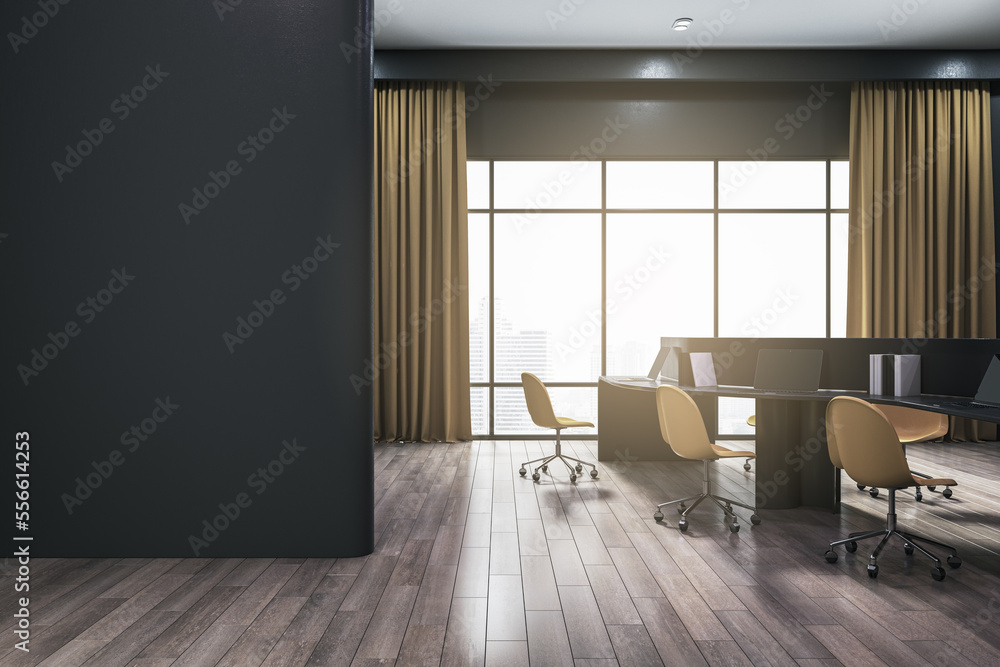 Modern coworking interior with blank mock up place on black wall, panoramic window and city view, fu