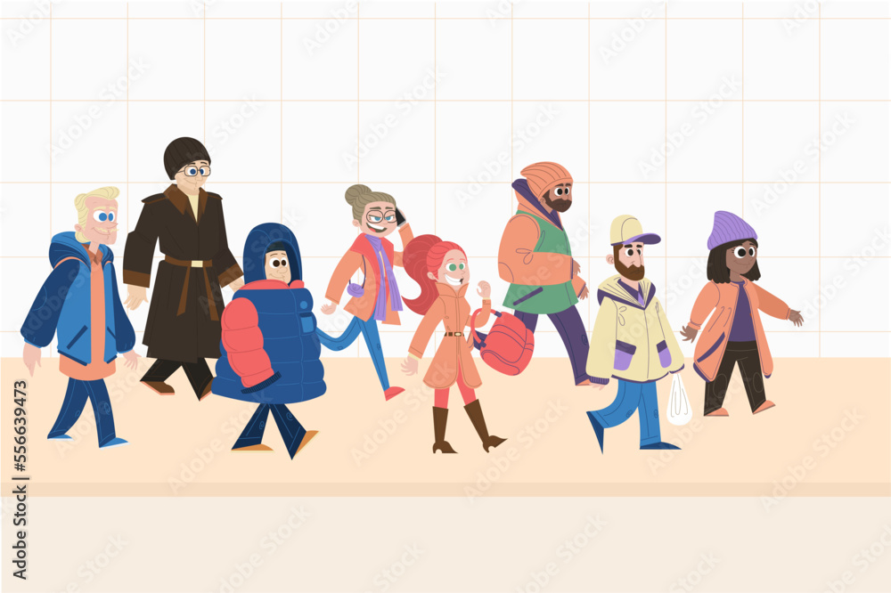 Hand drawn flat design crowd of people walking illustration Vector illustration.