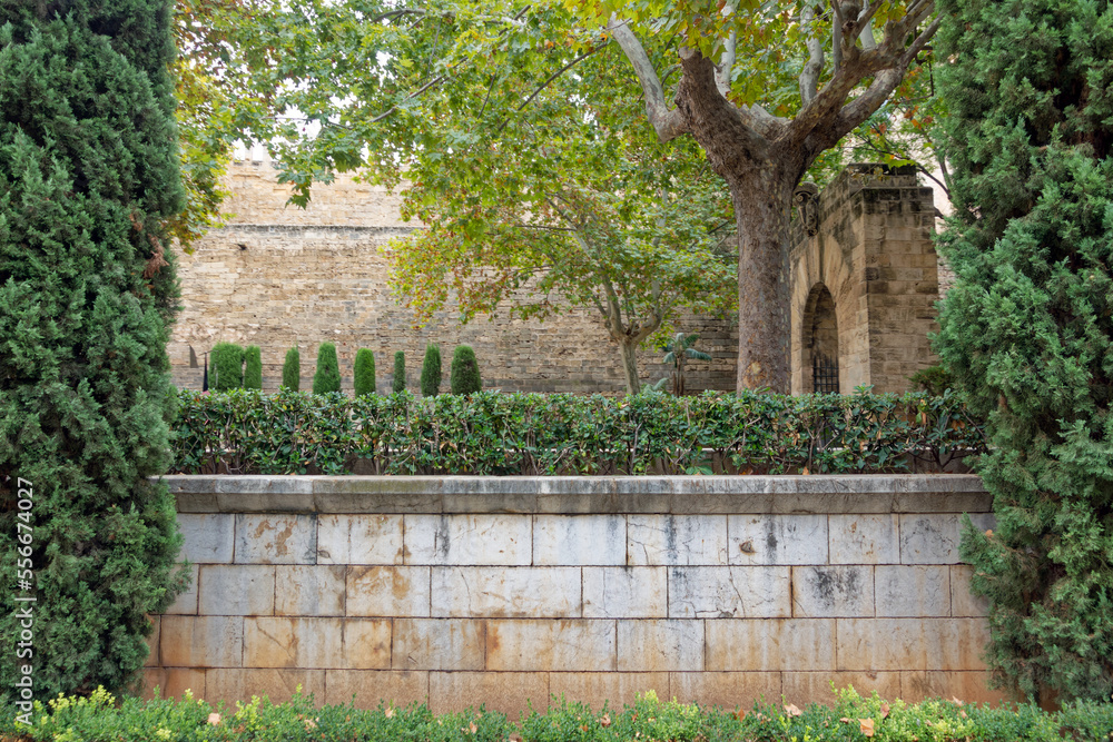 View of garden with bushes and trees with medieval stone wall of historic building at  Mallorca Isla