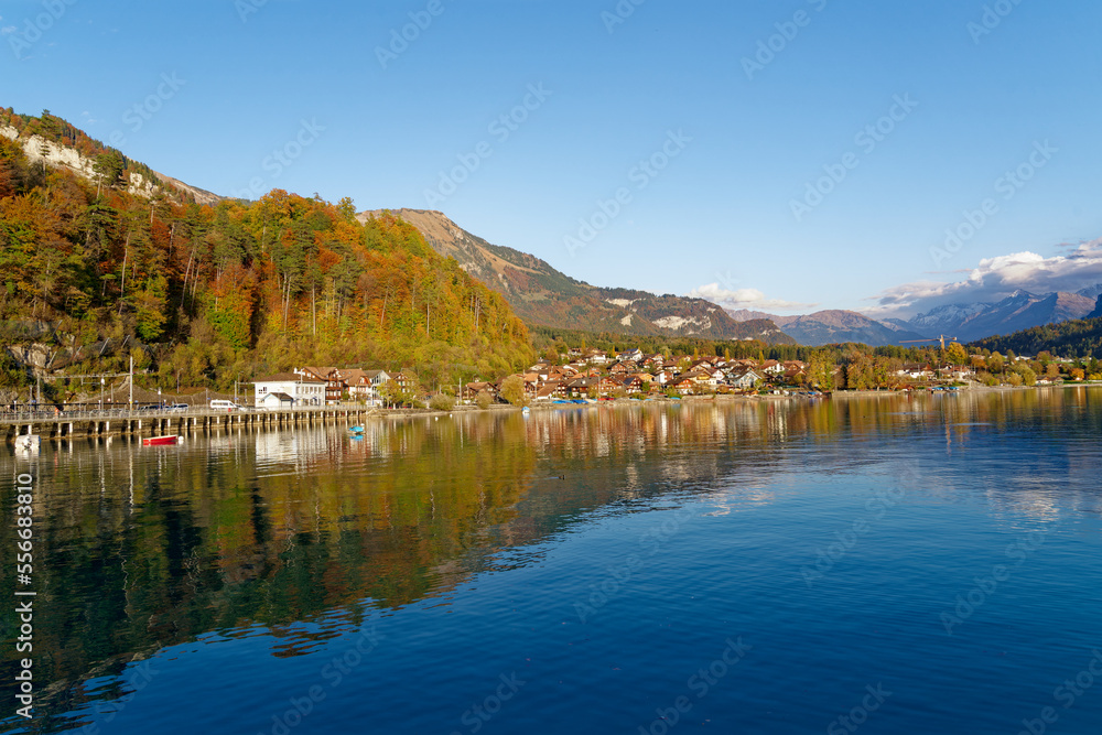 Beautiful scenic autumn landscape with Lake Brienz in the foreground at Bernese Oberland, Canton Ber