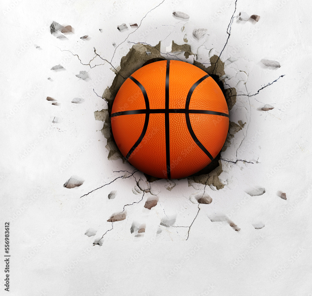 The basketball pierced the white wall with mighty power.