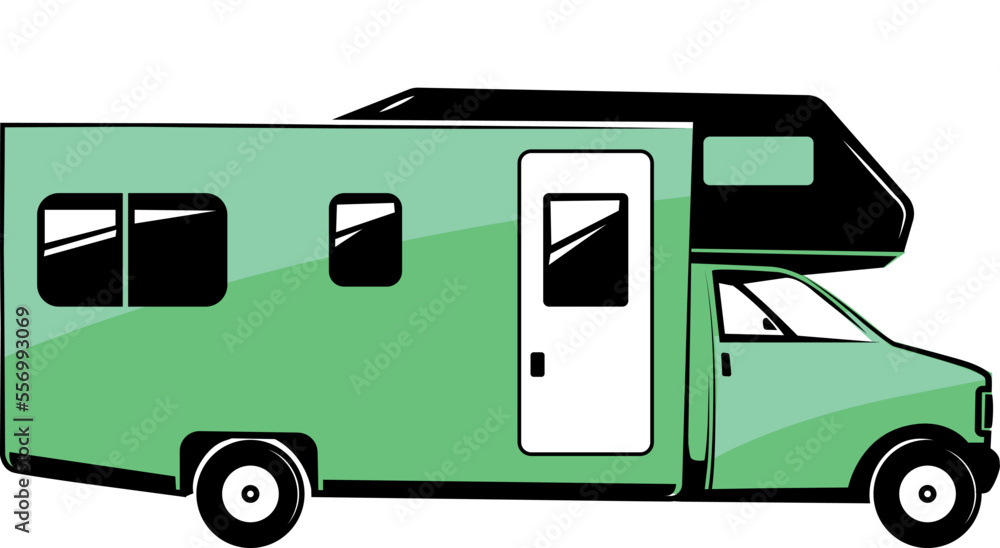 Rv trailer icon. Green camper. Mobile house transport