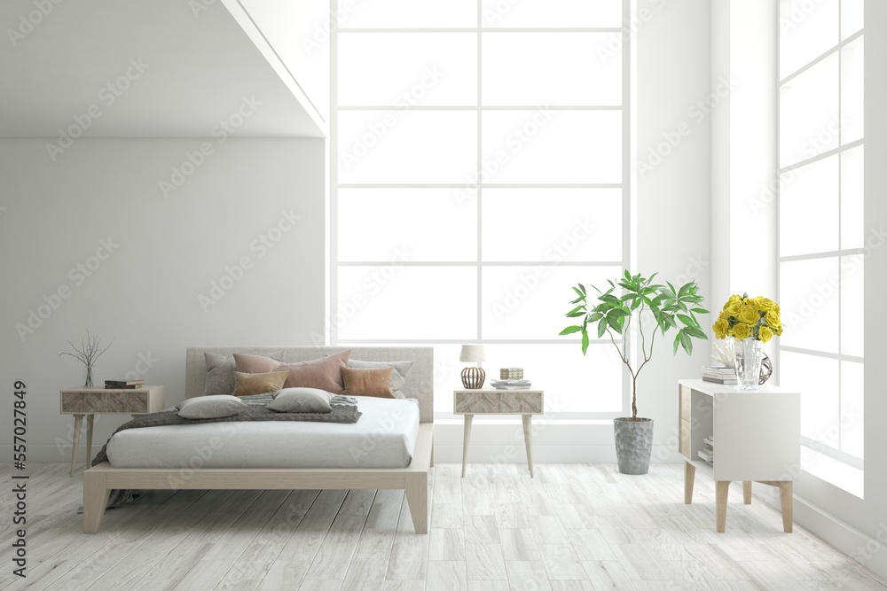 White bedroom interior. Scandinavian design. 3D illustration