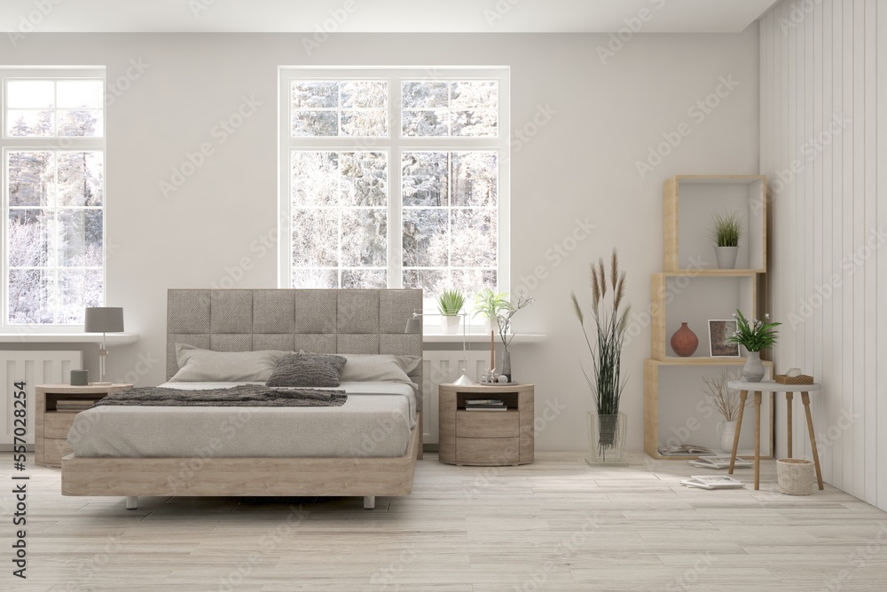 White bedroom interior. Scandinavian design. 3D illustration