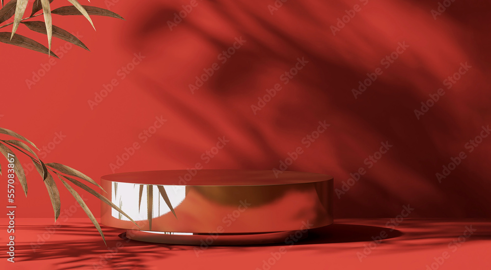 3D Shiny gold round steel podium stage on red counter table, bamboo tree in sunlight, leaf shadow on