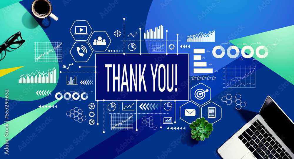 Thank you message with a laptop computer on a blue and green pattern background