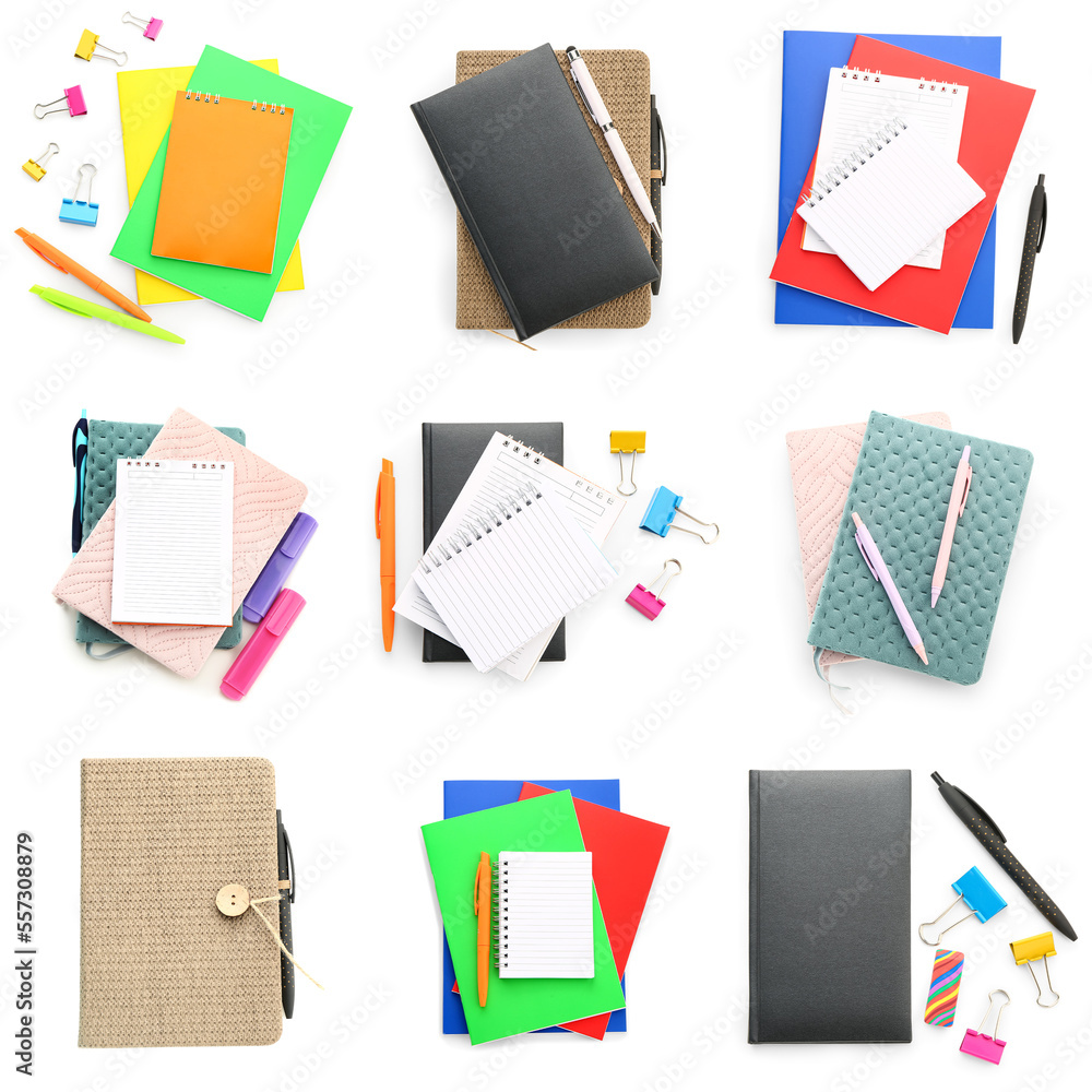 Set of stylish notebooks with stationery on white background, top view