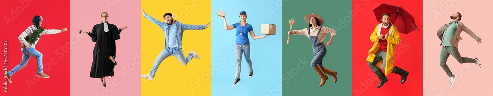 Group of jumping people on color background