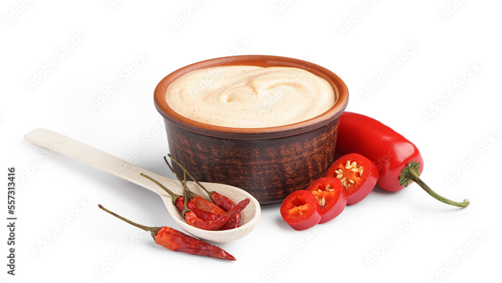 Bowl of tasty chipotle sauce isolated on white background