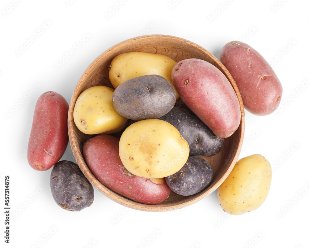 Wooden bowl of raw potatoes on white background