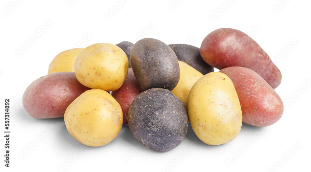 Heap of different raw potatoes on white background