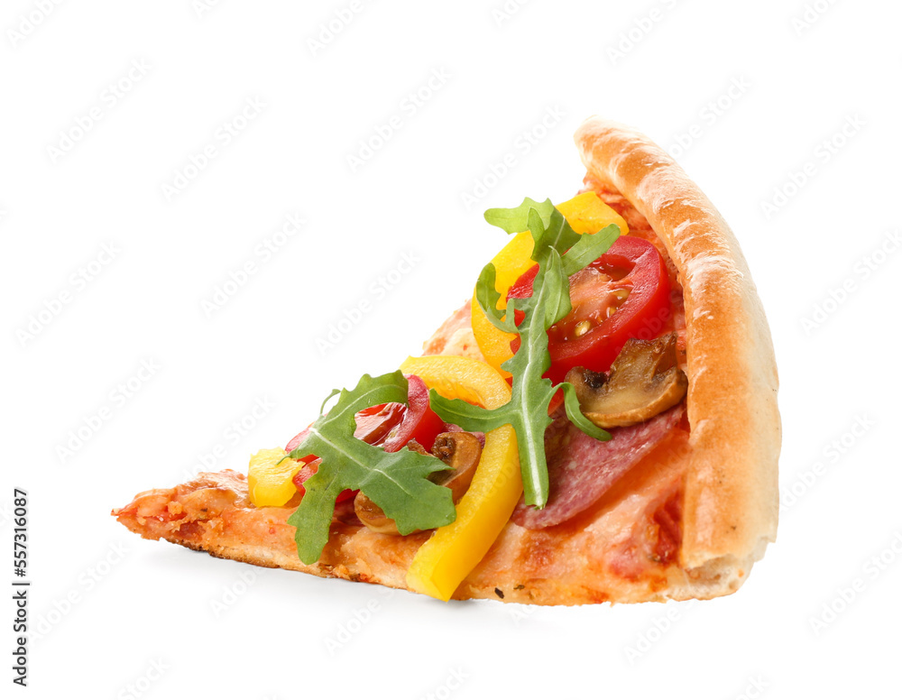 Slice of tasty pizza with sausage, mushrooms and arugula on white background