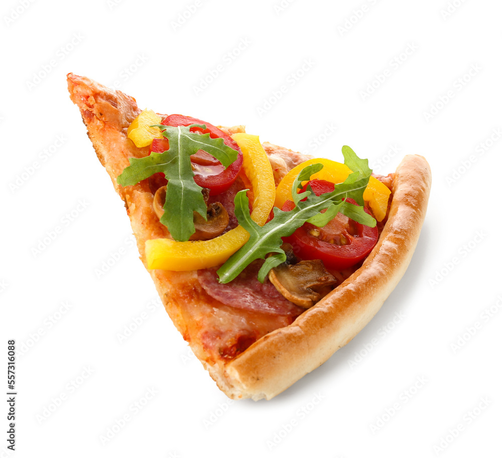 Slice of tasty pizza with sausage, mushrooms and arugula on white background