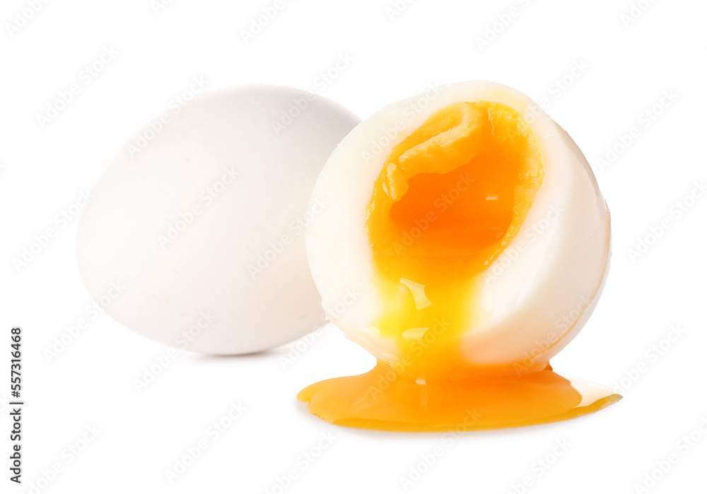 Soft boiled eggs on white background