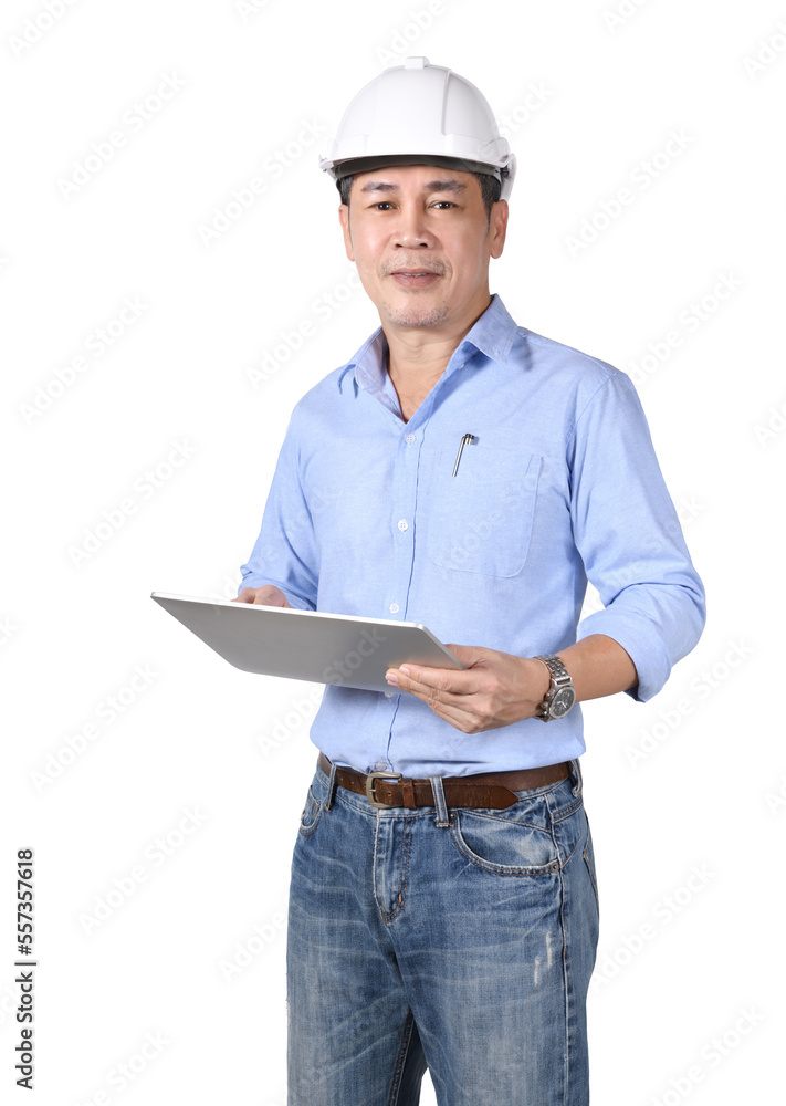 Asain architect man holding tablet computer isolated on white background.