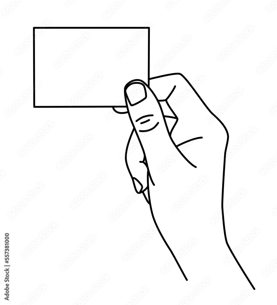 Hand holding a business card, hand drawn with thin line