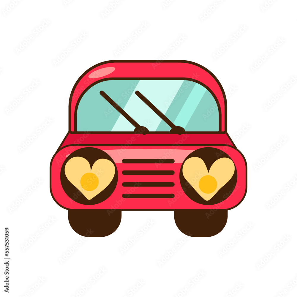 Red car with heart shaped headlights on white background. Valentines Day celebration