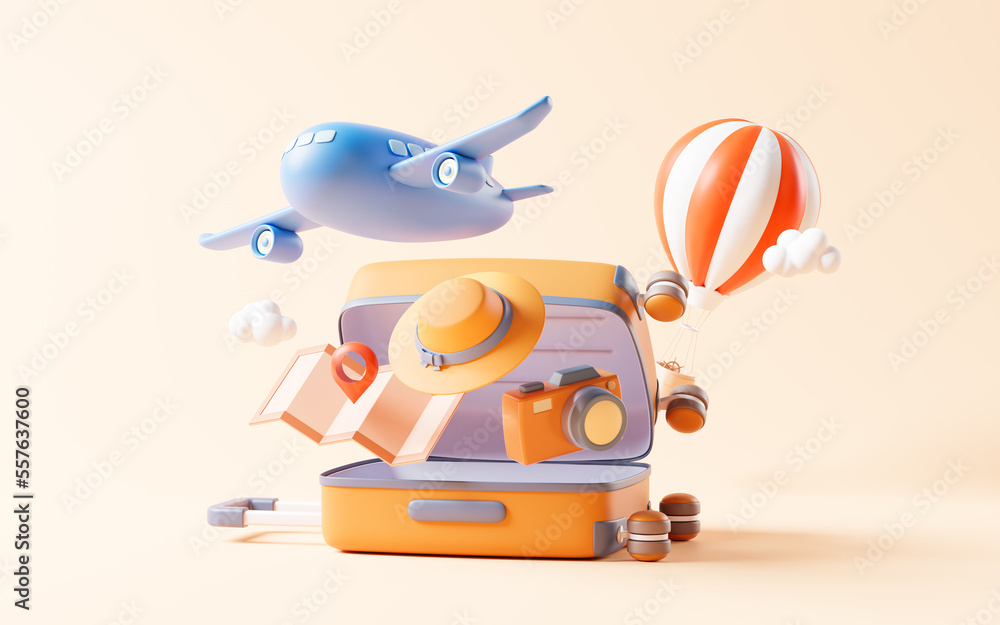 Cartoon style luggage with travel theme, 3d rendering.