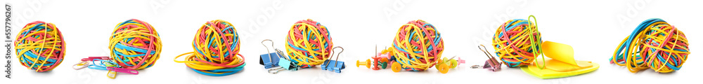 Set of colorful rubber band balls with office supplies on white background