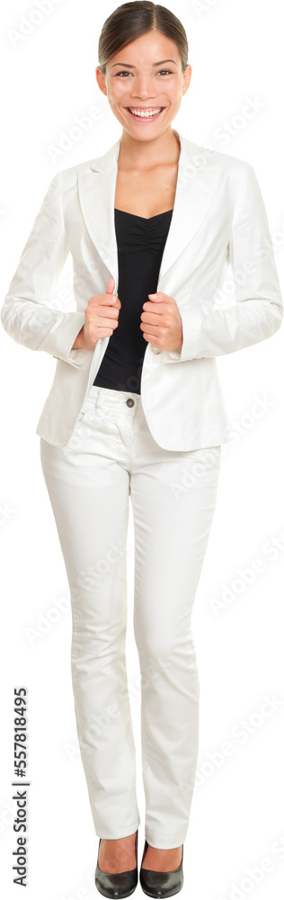 Business woman young professional standing in white suit smiling confident, happy and proud isolated