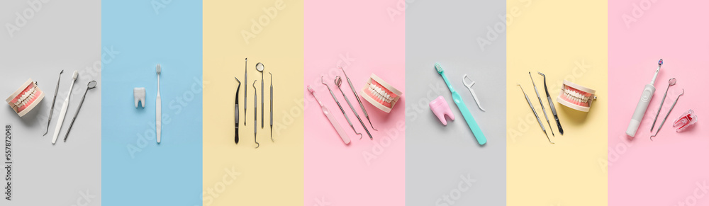 Set of dental tools with toothbrushes, models of jaw and plastic teeth on color background