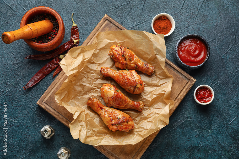 Wooden board with delicious baked chicken legs, sauces and spices on dark color background