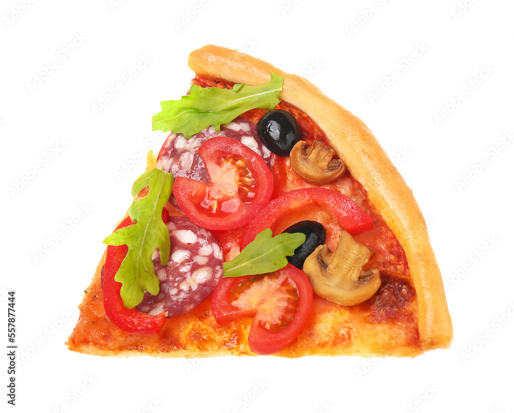 Slice of tasty pizza with sausage, olives and tomatoes on white background