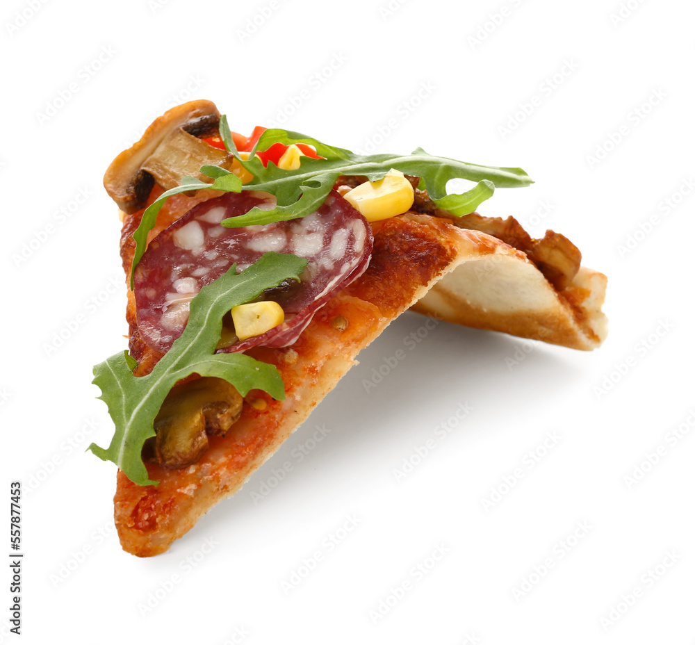 Slice of tasty pizza with sausage, arugula and mushrooms on white background