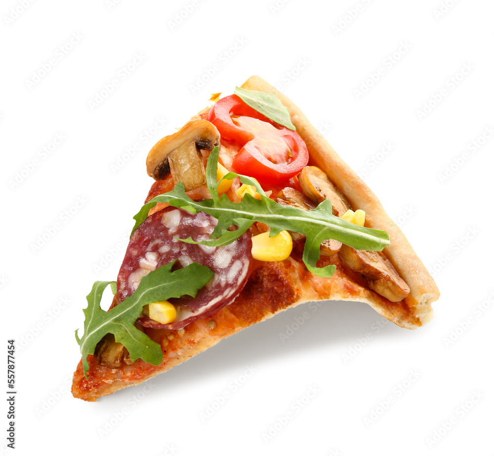 Slice of tasty pizza with sausage, arugula and mushrooms on white background