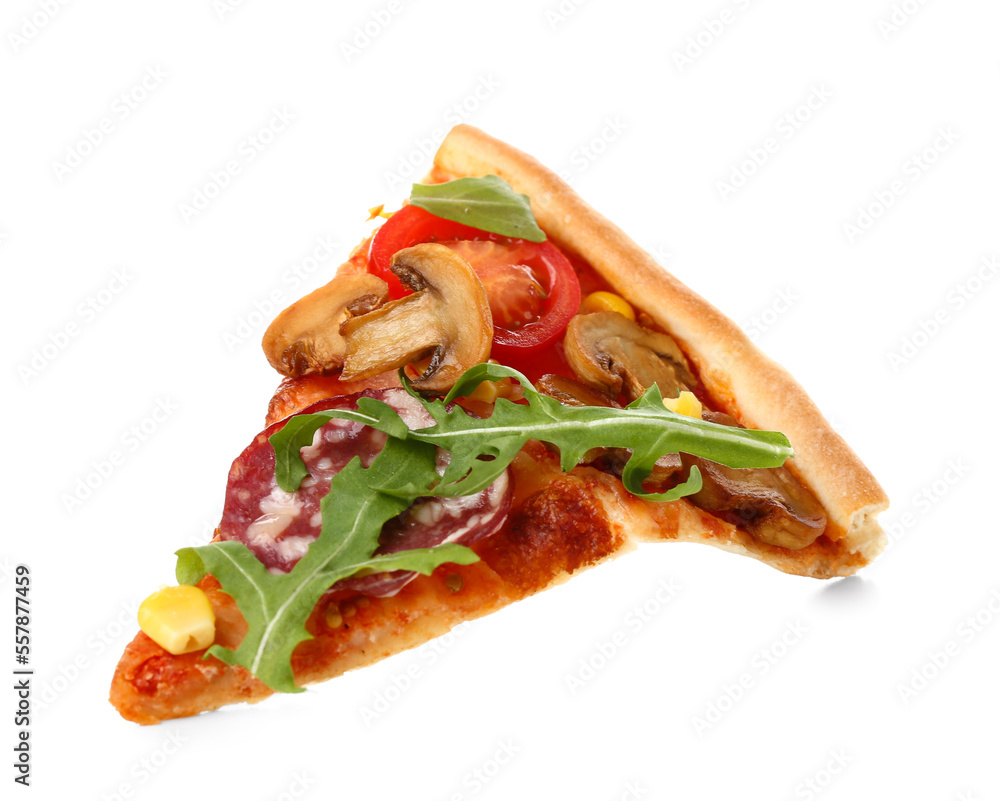 Slice of tasty pizza with sausage, arugula and mushrooms on white background