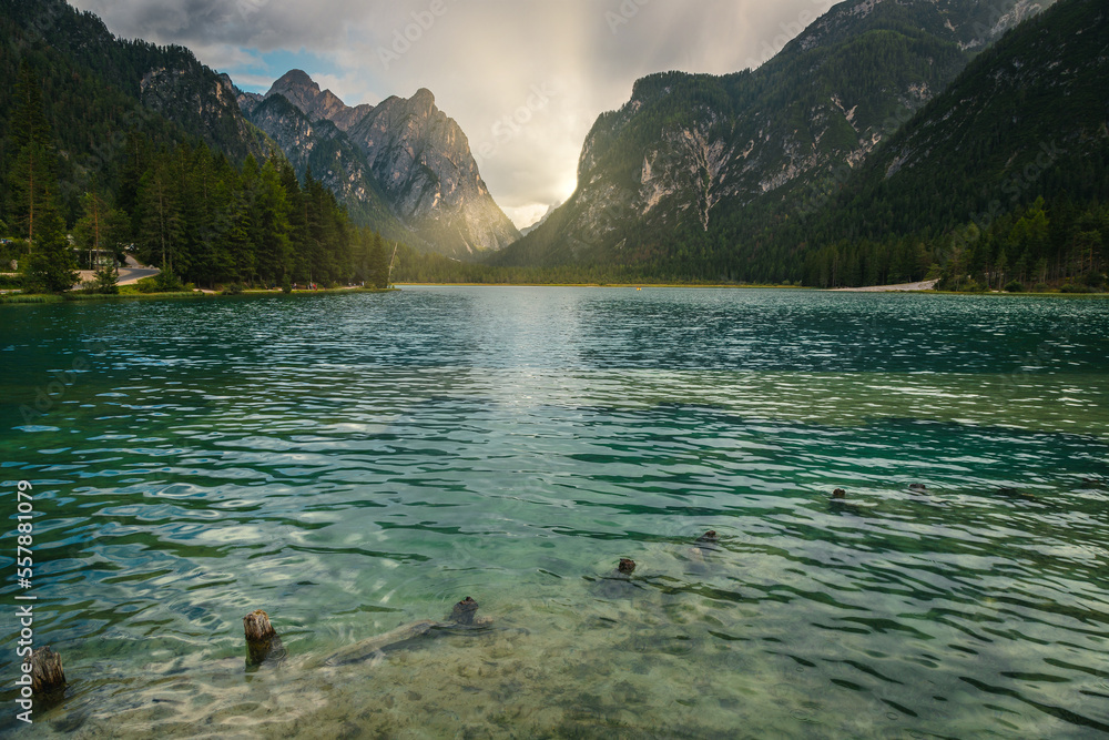 Summer scenery with mountains and lake at sunset, Dolomites, Italy