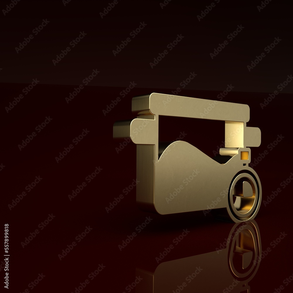 Gold Cooking pot icon isolated on brown background. Boil or stew food symbol. Minimalism concept. 3D