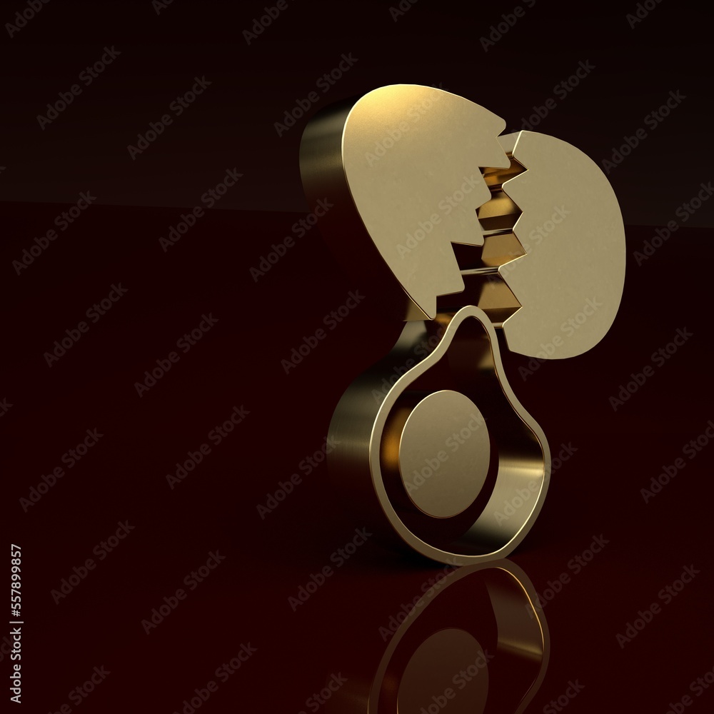 Gold Broken egg icon isolated on brown background. Happy Easter. Minimalism concept. 3D render illus