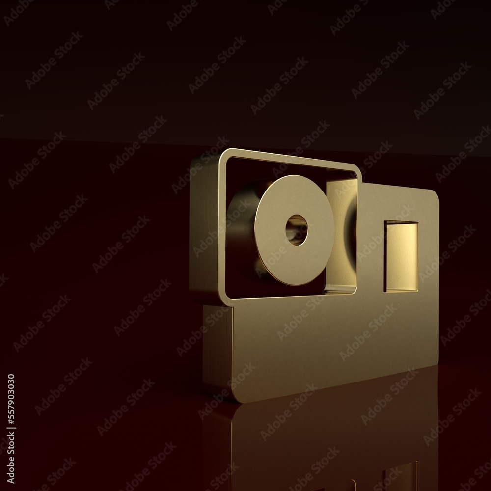 Gold Action extreme camera icon isolated on brown background. Video camera equipment for filming ext