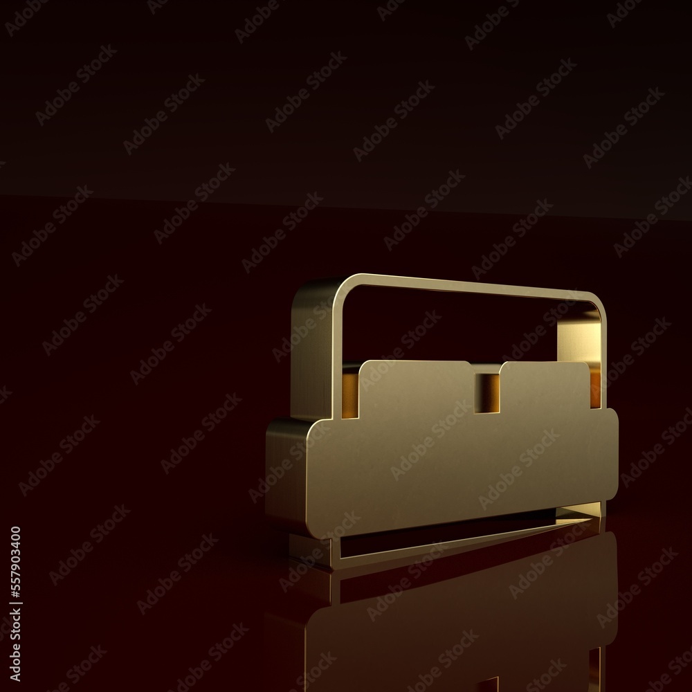 Gold Hotel room bed icon isolated on brown background. Minimalism concept. 3D render illustration