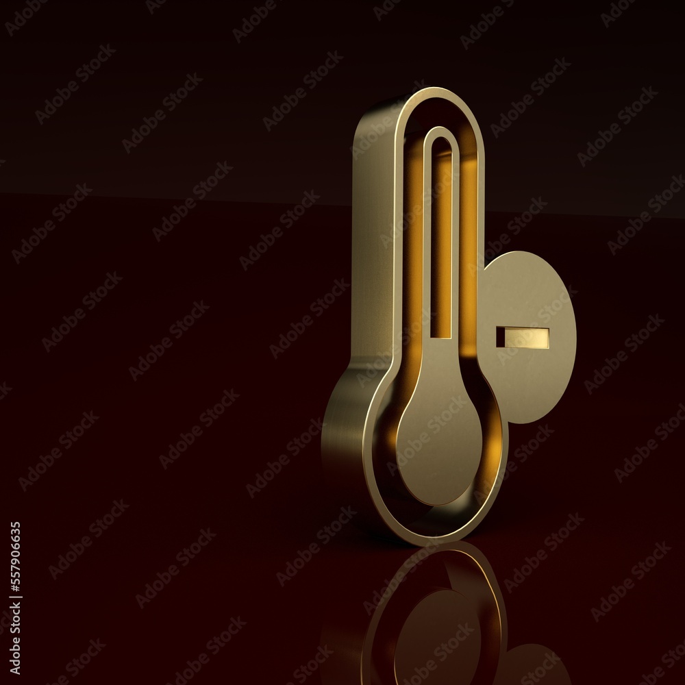 Gold Meteorology thermometer measuring icon isolated on brown background. Thermometer equipment show