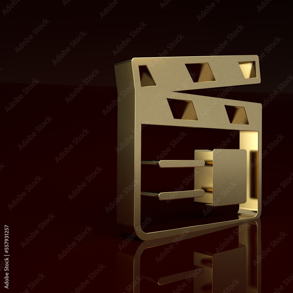 Gold Movie clapper icon isolated on brown background. Film clapper board. Clapperboard sign. Cinema 