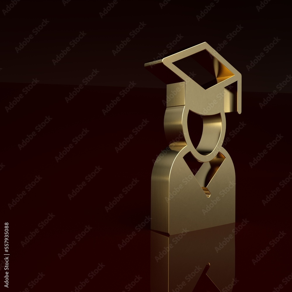 Gold Graduate and graduation cap icon isolated on brown background. Minimalism concept. 3D render il