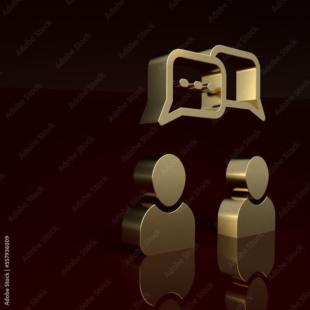 Gold Speech bubble chat icon isolated on brown background. Message icon. Communication or comment ch