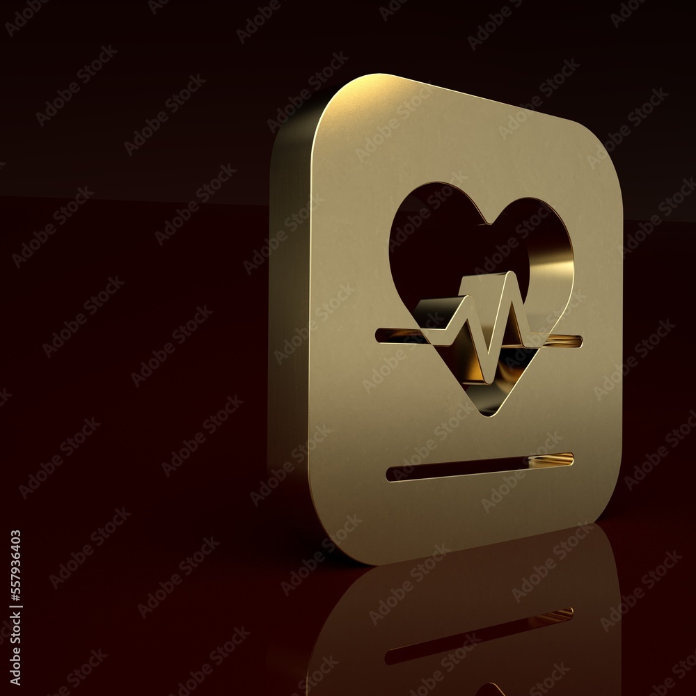 Gold Heart rate icon isolated on brown background. Heartbeat sign. Heart pulse icon. Cardiogram icon