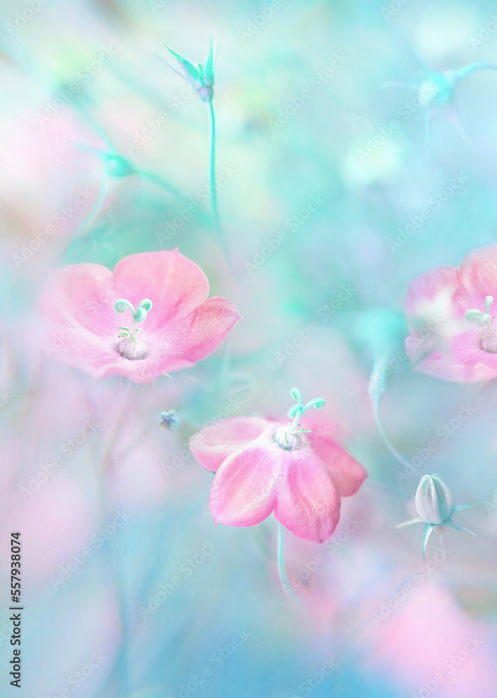 Blurred exquisite spring natural floral background in blue and pink pastel colors. Delicate pink spr