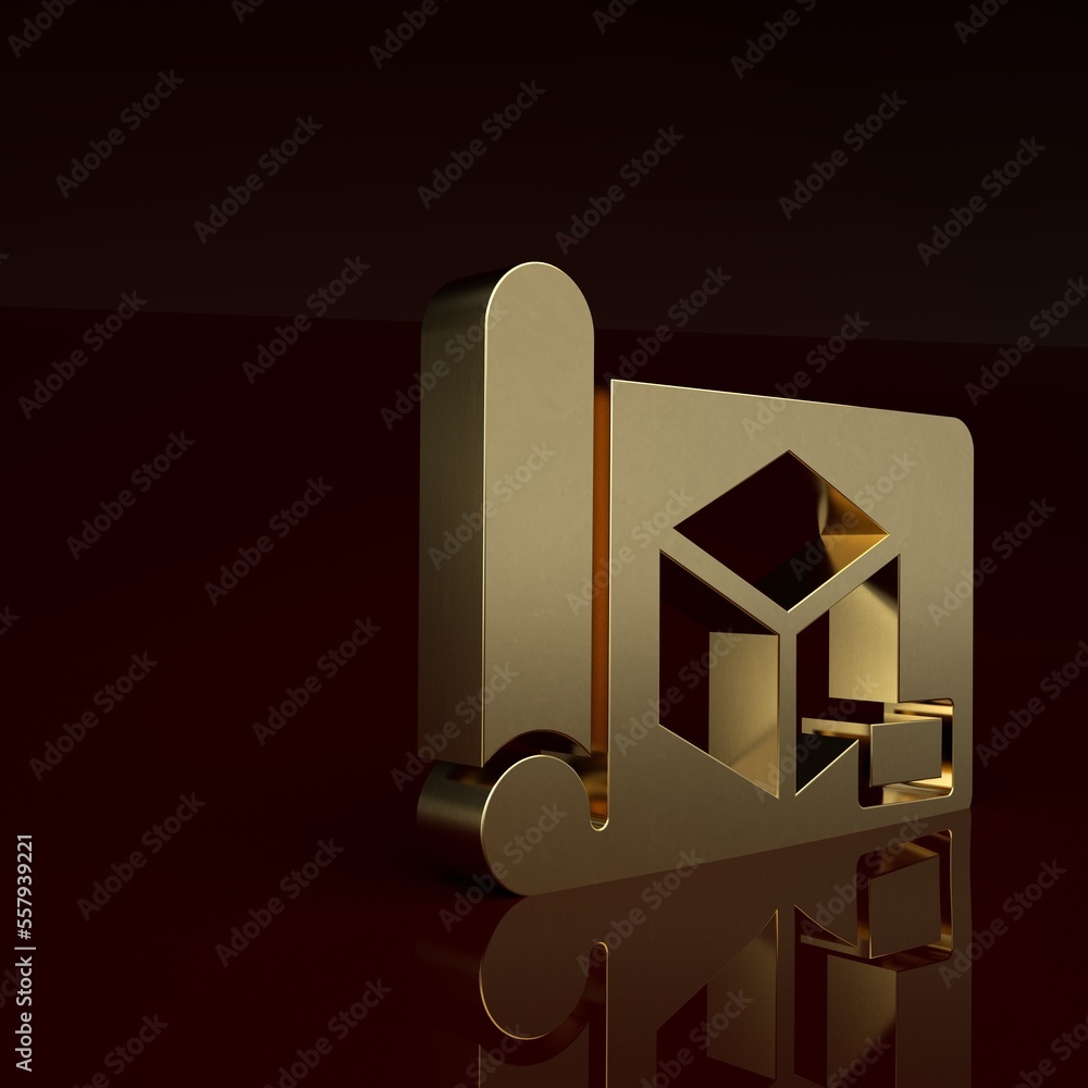 Gold Graphing paper for engineering icon isolated on brown background. Minimalism concept. 3D render