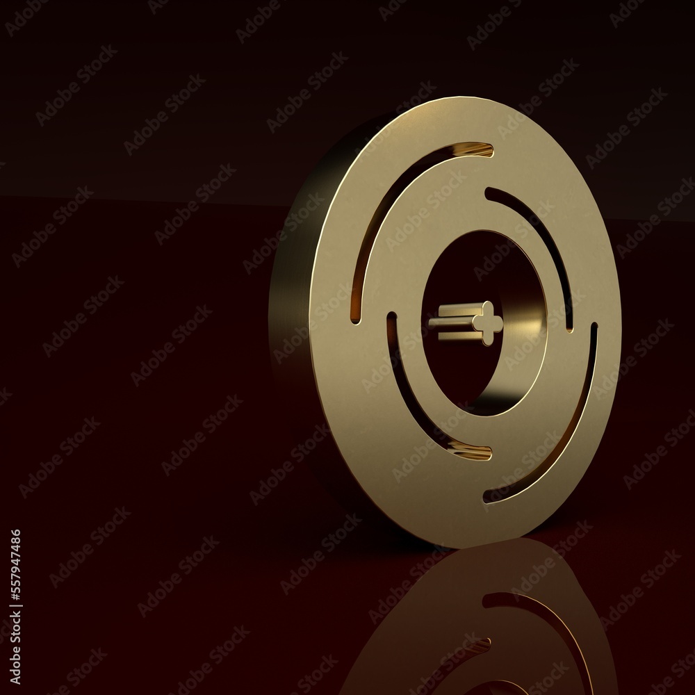 Gold Vinyl disk icon isolated on brown background. Minimalism concept. 3D render illustration