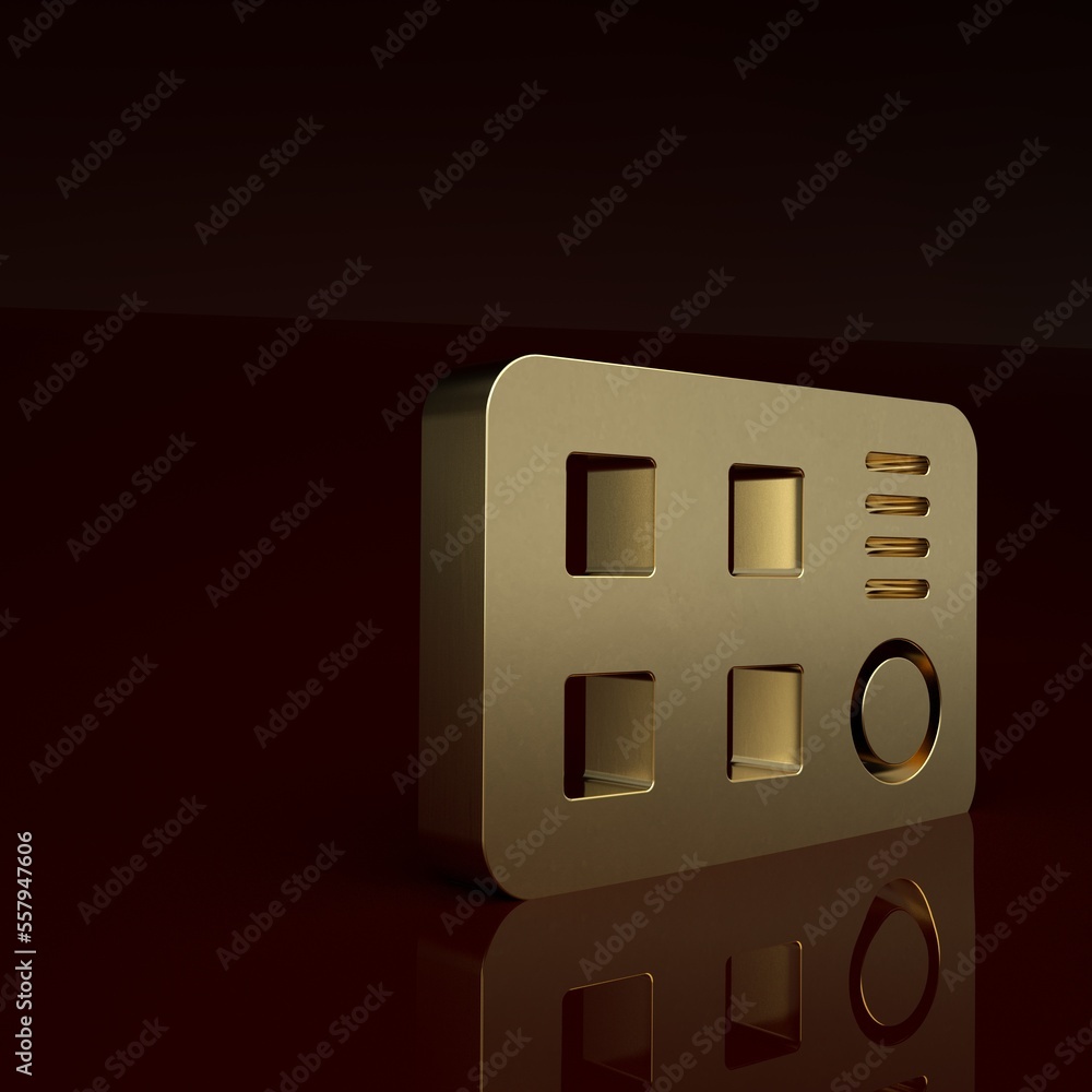 Gold Drum machine icon isolated on brown background. Musical equipment. Minimalism concept. 3D rende