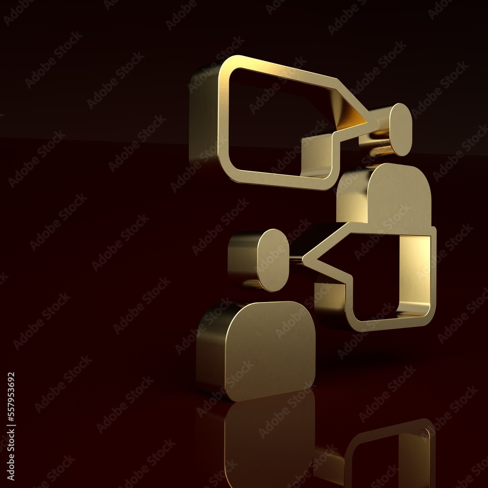 Gold Two sitting men talking icon isolated on brown background. Speech bubble chat. Message icon. Co