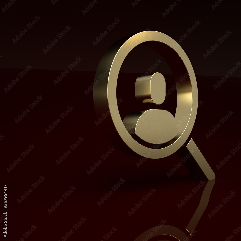 Gold Magnifying glass for search a people icon isolated on brown background. Recruitment or selectio